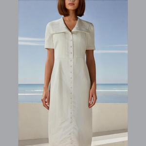 80s POSITIVE ATTITUDE LINEN CREAM SAILOR MIDI DRESS W PINTUCK COTTAGECORE SZ 8